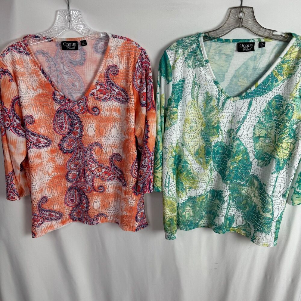 Onque Casuals Women's Top LOT of 2 Size Large V-Neck Floral/Paisley Print